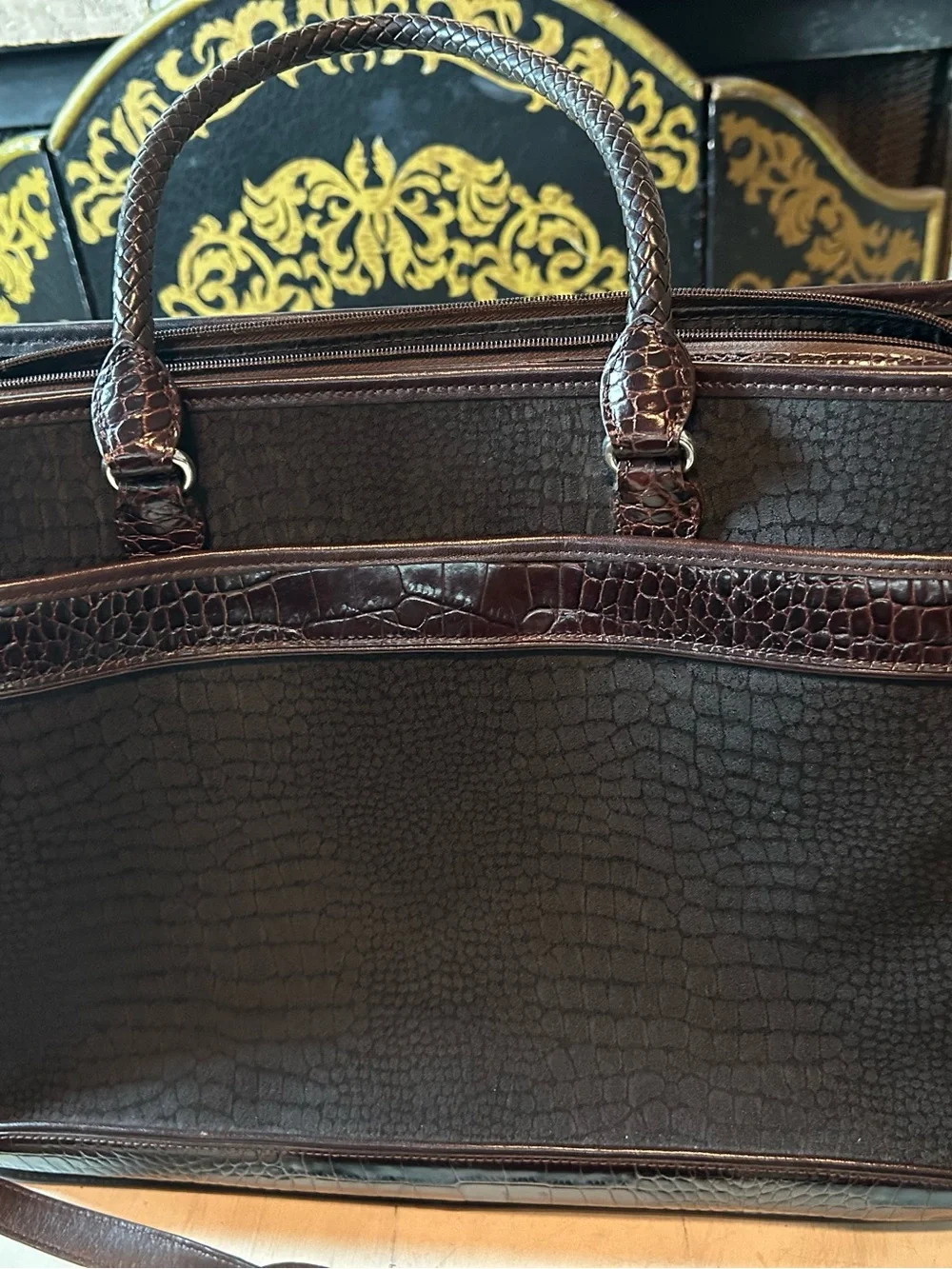 BRIGHTON Martha Black Brown Croc Leather Laptop Briefcase Shoulder Bag Tote
